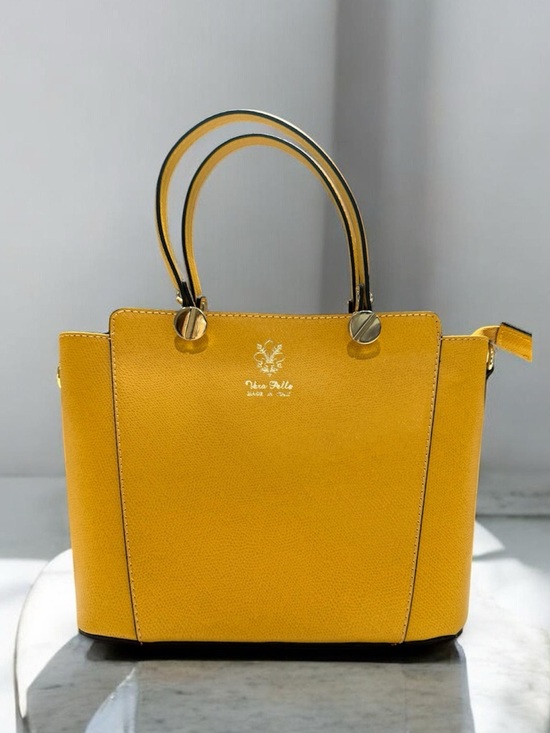Handbags - Vera Pelle Genuine Leather Structured Tote Mustard Yellow Pebbled Made in Italy